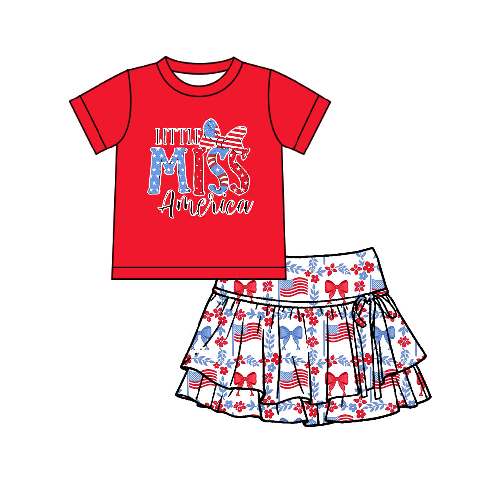 MOQ 5 preorder GSD3746 4th of July American Star Bows Red Short Sleeve Top with Ruffle Skirts for Girls Yoga Sets 202601
