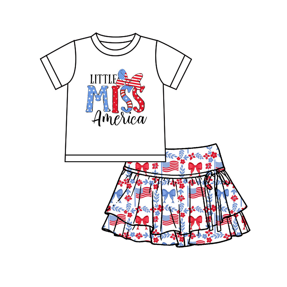 MOQ 5 preorder GSD3747 4th of July American Star Bows White Short Sleeve Top with Ruffle Skirts for Girls Yoga Sets 202601