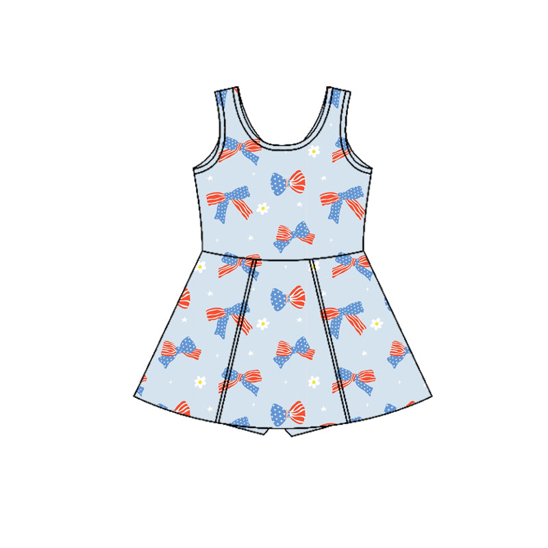 MOQ 5 PCS Preorder GSD3749 4th of July Bows Flower Blue Sleeveless Yoga Dresses for Girls 202601