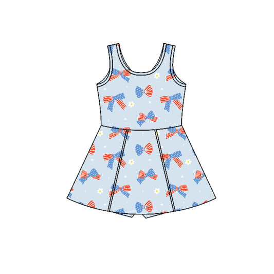 MOQ 5 PCS Preorder GSD3749 4th of July Bows Flower Blue Sleeveless Yoga Dresses for Girls 202601