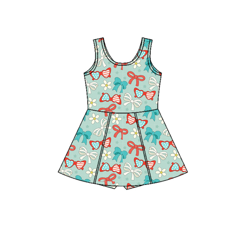 MOQ 5 PCS Preorder GSD3751 4th of July Flower Bows Glasses Green Sleeveless Yoga Dresses for Girls 202601