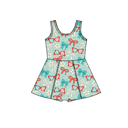 MOQ 5 PCS Preorder GSD3751 4th of July Flower Bows Glasses Green Sleeveless Yoga Dresses for Girls 202601