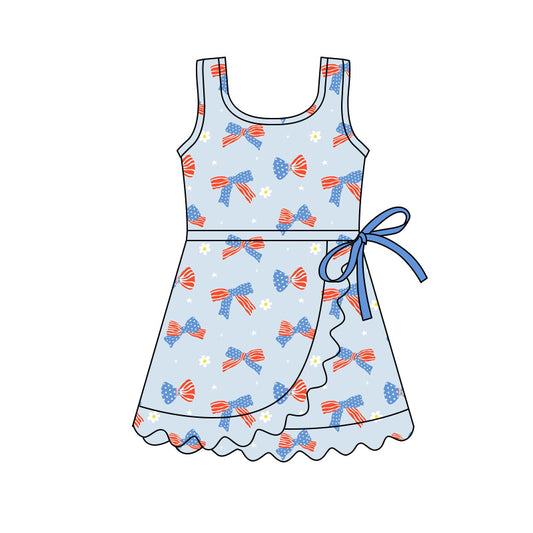 MOQ 30 PCS Preorder GSD3754 4th of July Flower Bows Blue Ruffle Sleeveless Yoga Dresses for Girls 202601