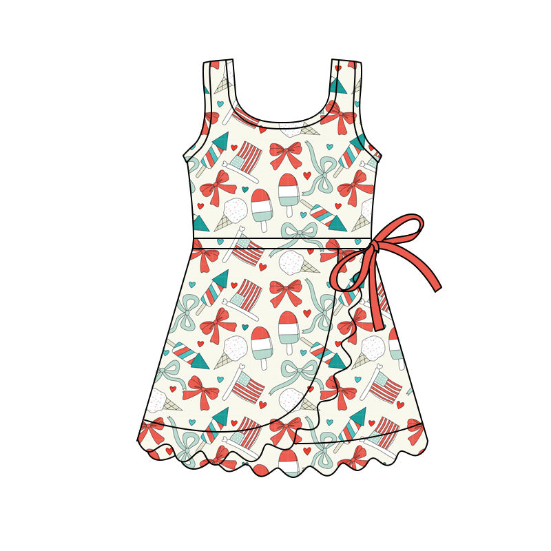 MOQ 30 PCS Preorder GSD3755 4th of July Ice Cream Bows Love Ruffle Sleeveless Yoga Dresses for Girls 202601