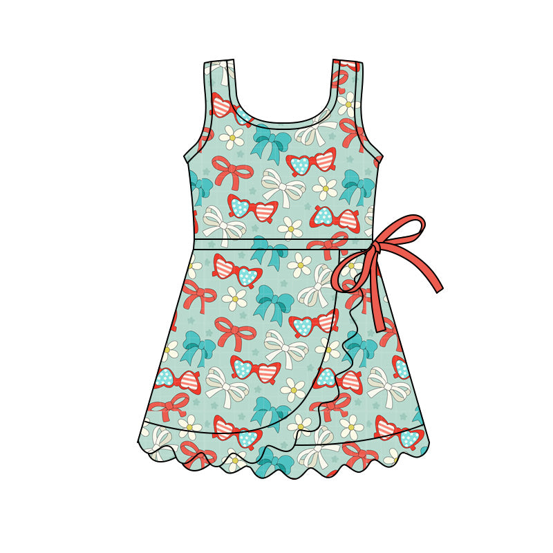 MOQ 30 PCS Preorder GSD3756 4th of July Flower Bows Glasses Green Ruffle Sleeveless Yoga Dresses for Girls 202601