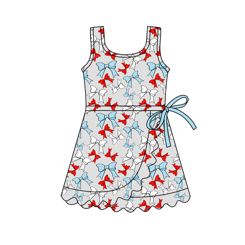 MOQ 30 PCS Preorder GSD3757 4th of July Red Blue Bows Gray Ruffle Sleeveless Yoga Dresses for Girls 202601