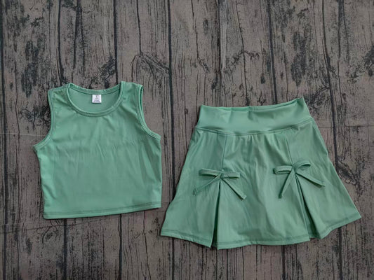 NO MOQ preorder GSD3760 Solid Pea Green Sleeveless Top with Skirts for Girls Yoga Sets 202604