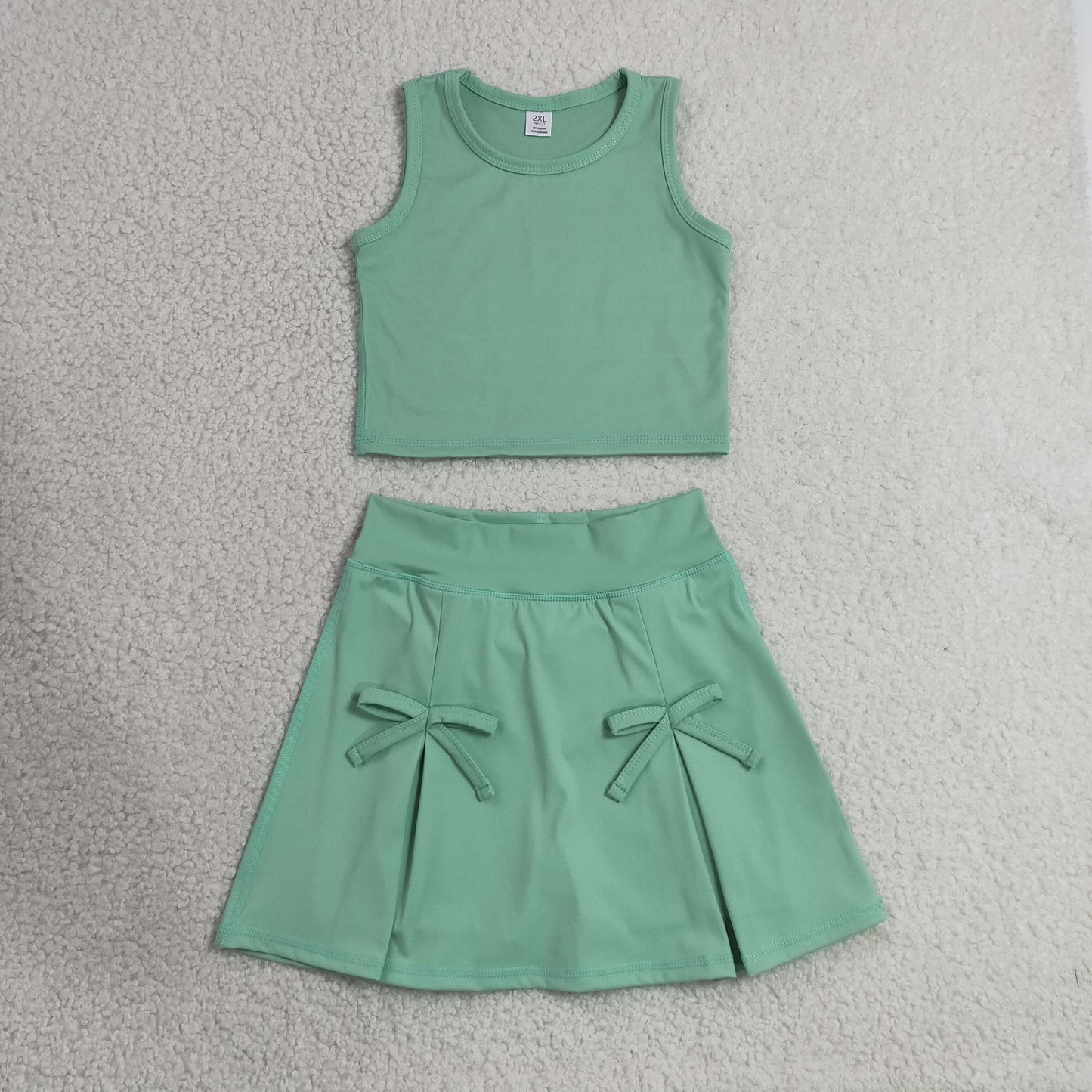GSD3760 Solid Pea Green Sleeveless Top with Skirts for Girls Yoga Sets 202607 RTS