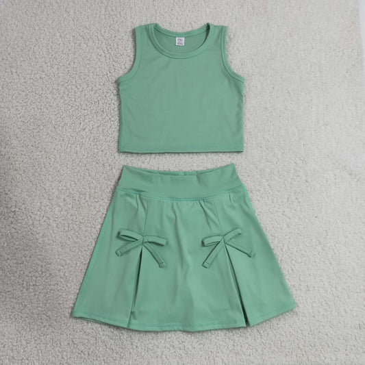 GSD3760 Solid Pea Green Sleeveless Top with Skirts for Girls Yoga Sets 202607 RTS