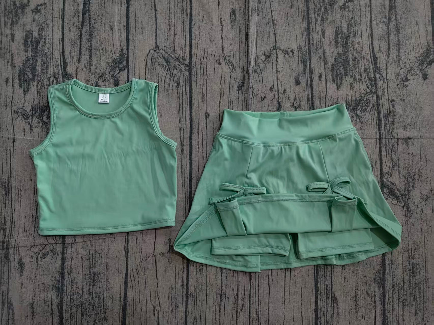 NO MOQ preorder GSD3760 Solid Pea Green Sleeveless Top with Skirts for Girls Yoga Sets 202604
