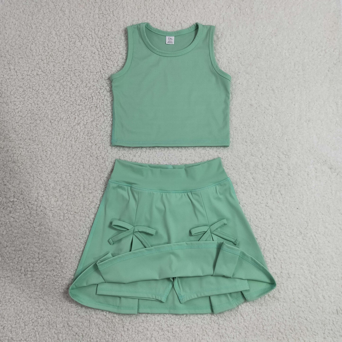GSD3760 Solid Pea Green Sleeveless Top with Skirts for Girls Yoga Sets 202607 RTS