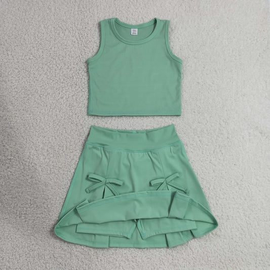 GSD3760 Solid Pea Green Sleeveless Top with Skirts for Girls Yoga Sets 202607 RTS