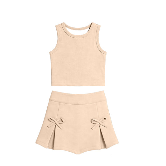 MOQ 5 preorder GSD3763 Solid Beige Sleeveless Top with Skirts for Girls Yoga Sets 202601