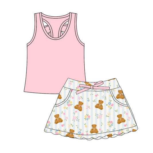 MOQ 5 PCS Preorder GSD3764 Solid Pink Sleeveless with Bear Flower Blue Stripe Skirts for Girls Sets 202601