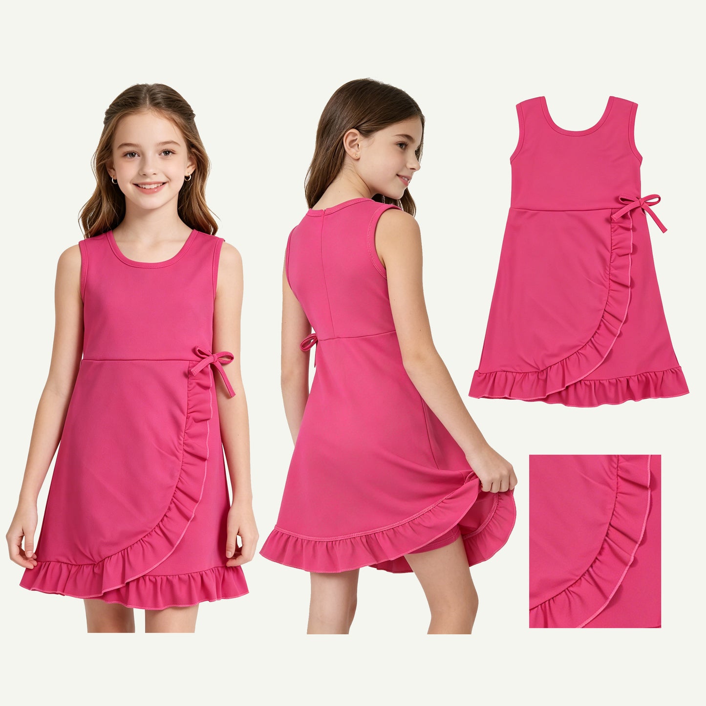 GSD3766 Solid Rose Red Bows Ruffle Sleeveless Yoga Dresses for Girls 202605 RTS