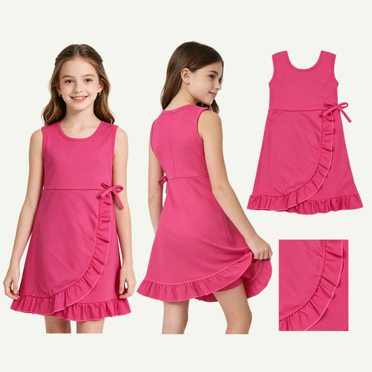 GSD3766 Solid Rose Red Bows Ruffle Sleeveless Yoga Dresses for Girls 202605 RTS