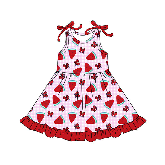 MOQ 5 PCS preorder GSD3770 Watermelon Bows Pink Plaid Red Ruffle Sleeveless Dresses for Girls 202601