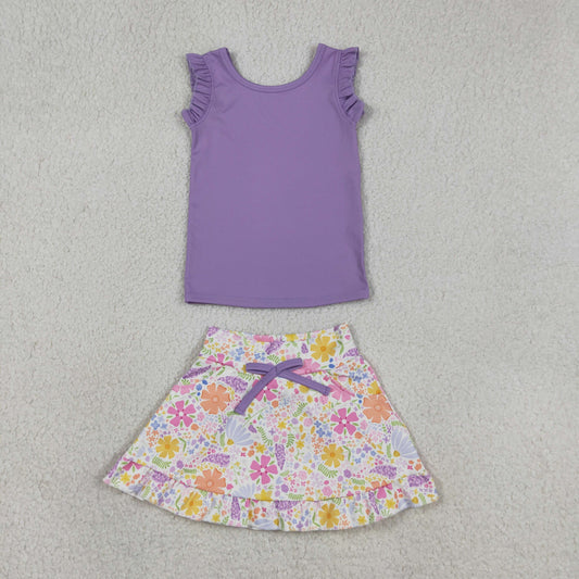 GSD3771 Solid Purple Wave Ruffle Sleeveless with Flower Pattern Skirts for Girls Yooga Sets 202604 RTS