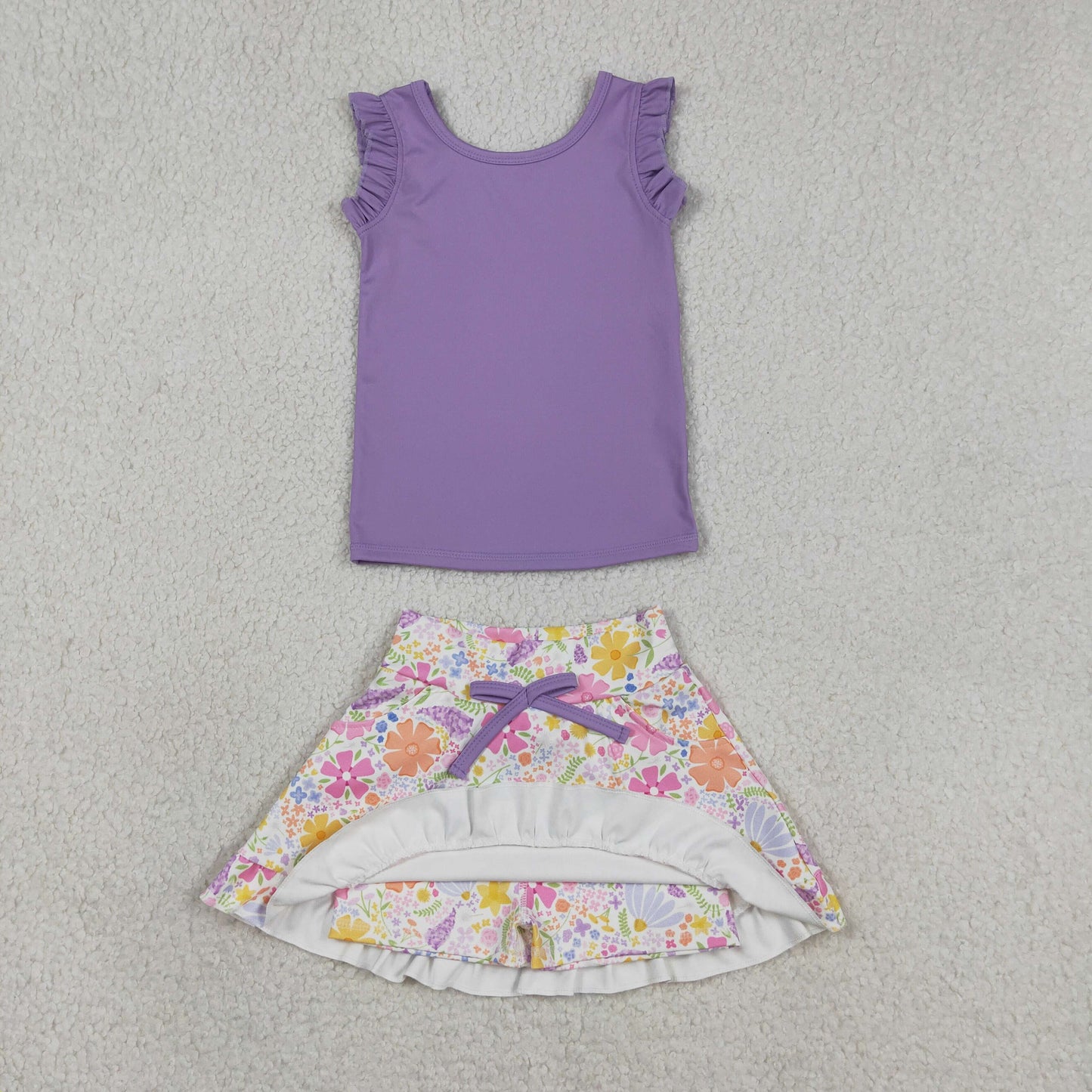 GSD3771 Solid Purple Wave Ruffle Sleeveless with Flower Pattern Skirts for Girls Yooga Sets 202604 RTS