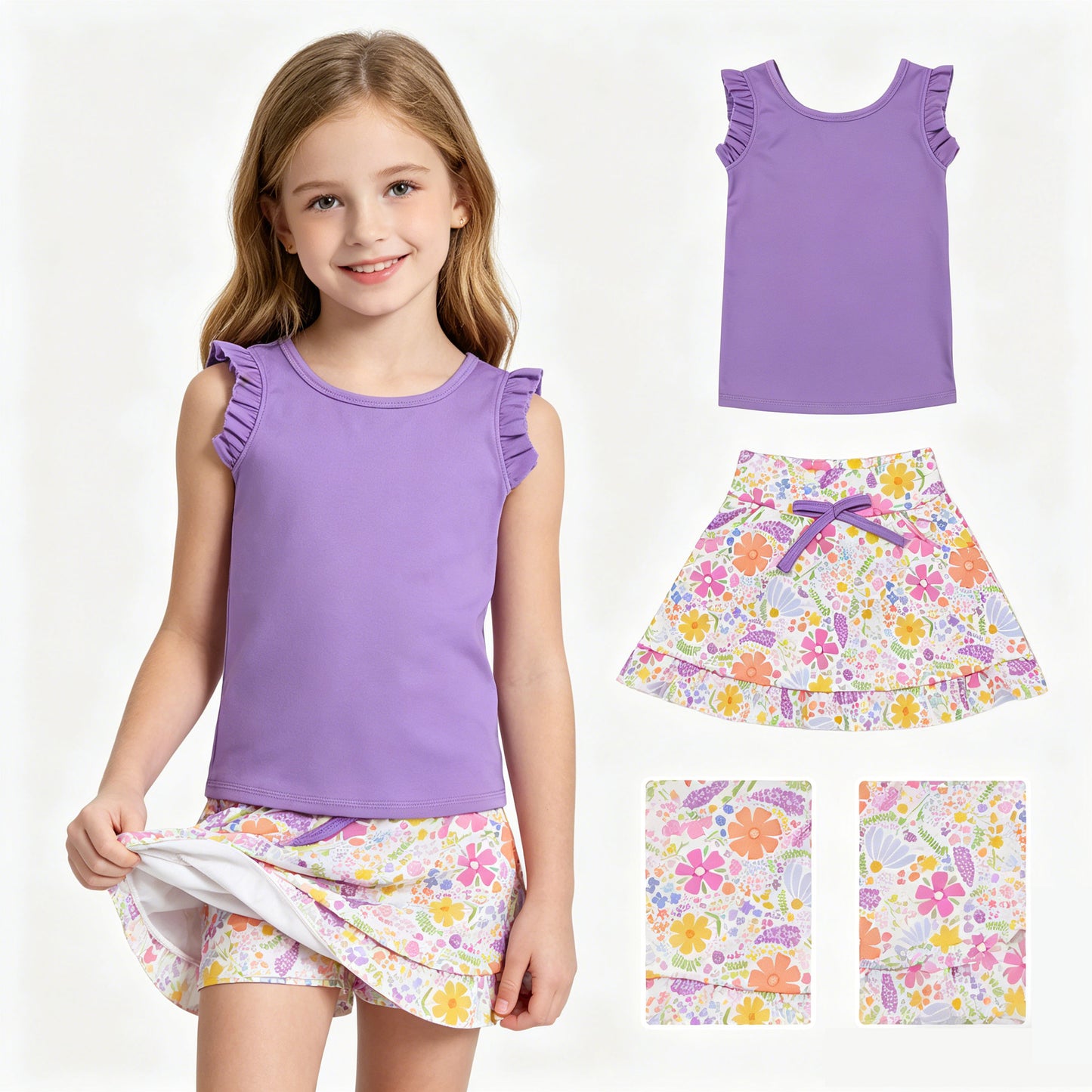GSD3771 Solid Purple Wave Ruffle Sleeveless with Flower Pattern Skirts for Girls Yooga Sets 202604 RTS