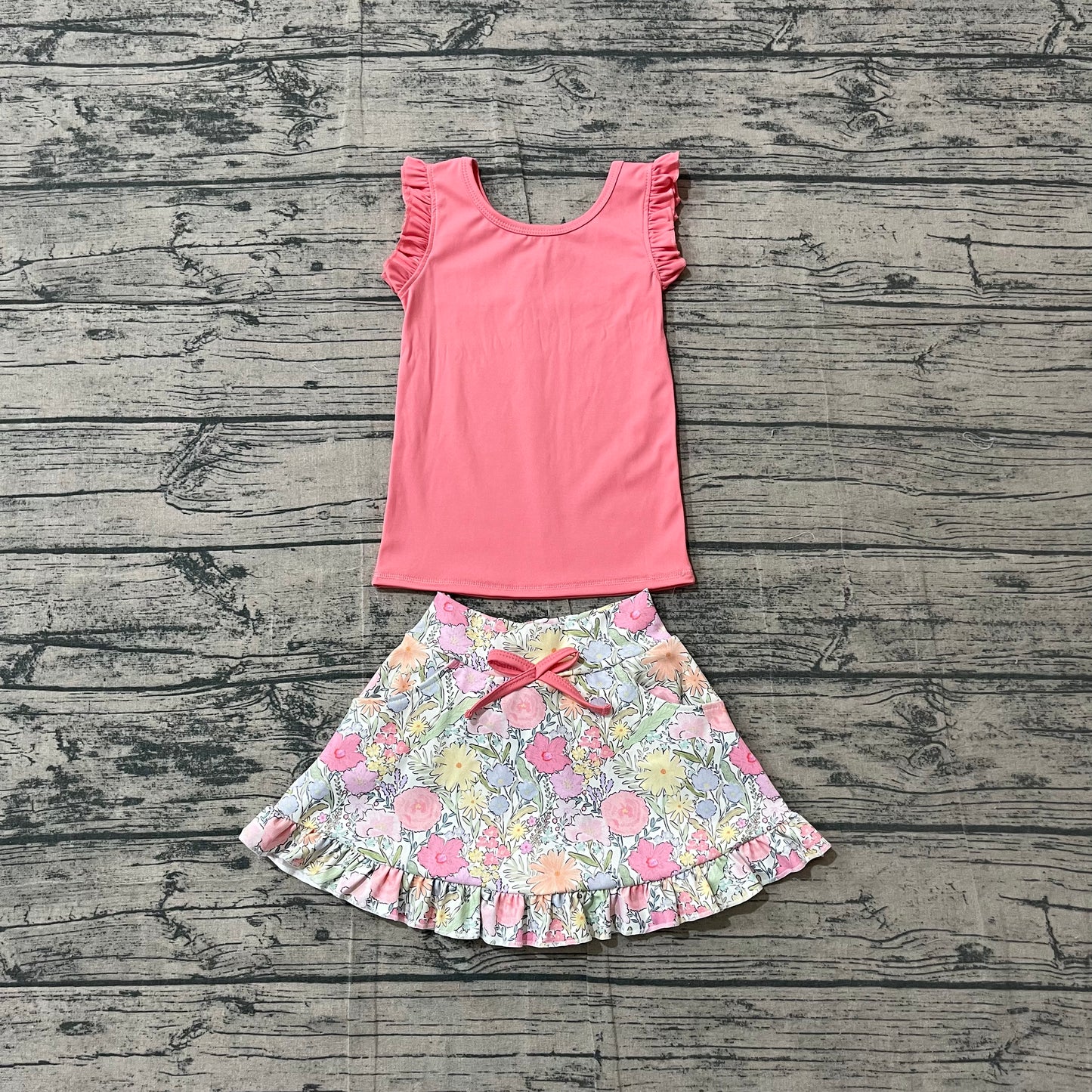 NO MOQ Preorder GSD3772 Solid Pink Red Wave Ruffle Sleeveless with Flower Leaf Pattern Skirts for Girls Yoga Sets 202604