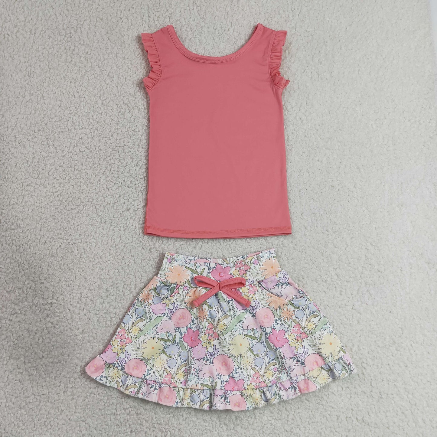 GSD3772 Solid Pink Red Wave Ruffle Sleeveless with Flower Leaf Pattern Skirts for Girls Yoga Sets 202607 RTS