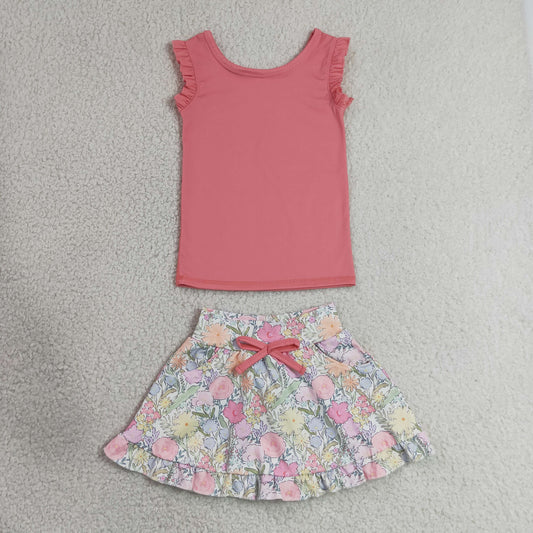 GSD3772 Solid Pink Red Wave Ruffle Sleeveless with Flower Leaf Pattern Skirts for Girls Yoga Sets 202607 RTS