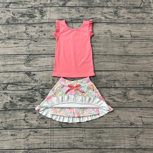 NO MOQ Preorder GSD3772 Solid Pink Red Wave Ruffle Sleeveless with Flower Leaf Pattern Skirts for Girls Yoga Sets 202604