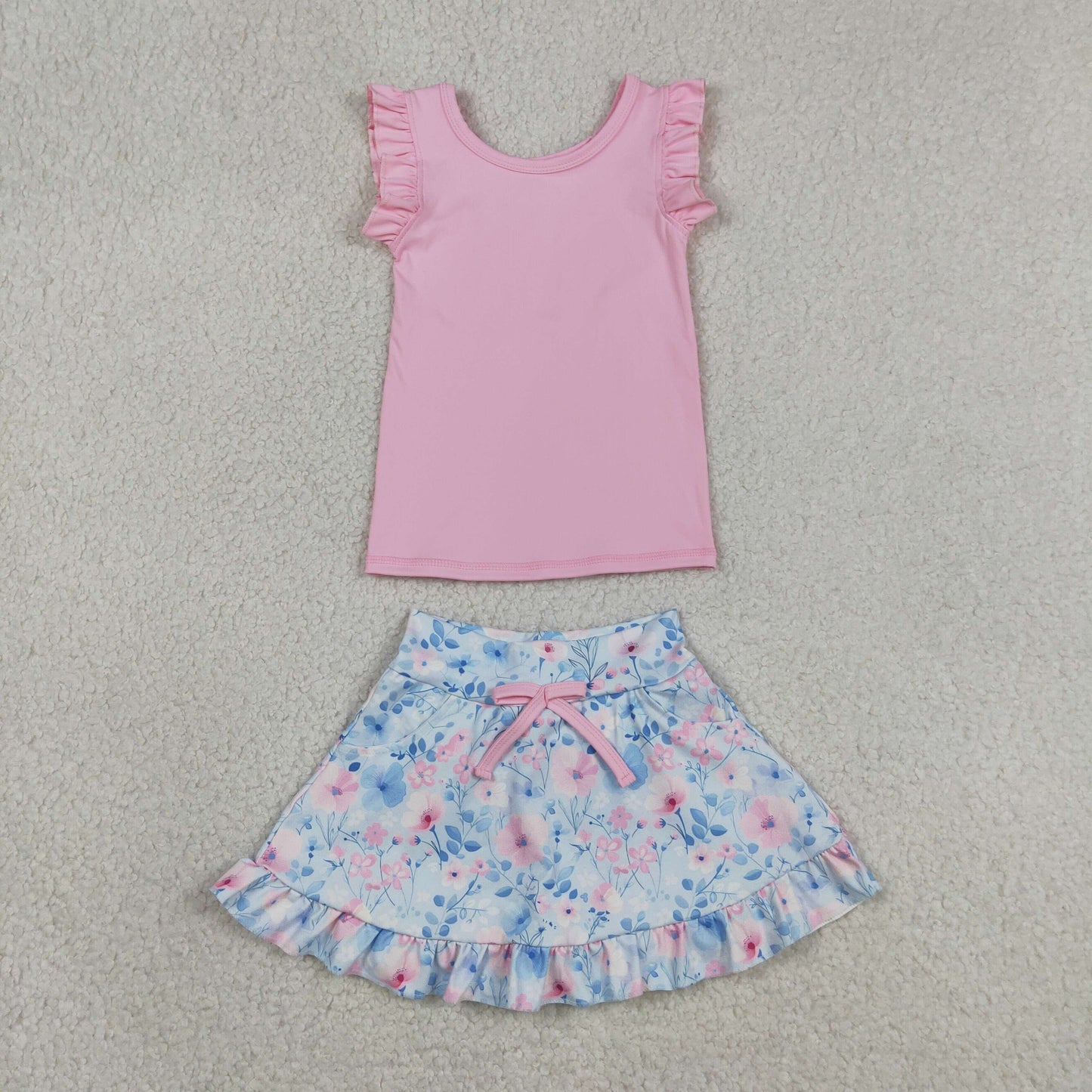 GSD3773 Solid Pink Wave Ruffle Sleeveless with Flower Leaf Pattern Blue Skirts for Girls Yoga Sets 202605 RTS