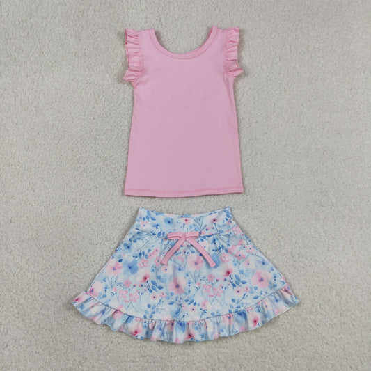 GSD3773 Solid Pink Wave Ruffle Sleeveless with Flower Leaf Pattern Blue Skirts for Girls Yoga Sets 202605 RTS