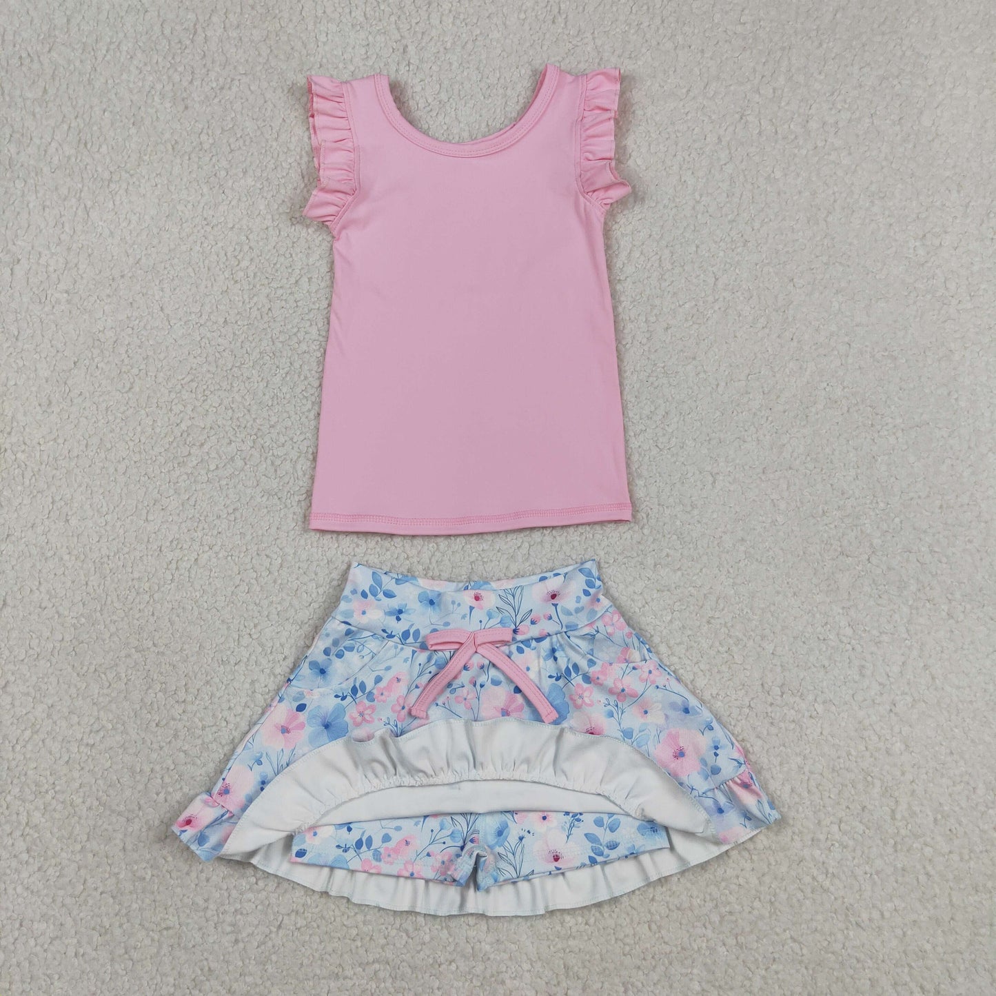 GSD3773 Solid Pink Wave Ruffle Sleeveless with Flower Leaf Pattern Blue Skirts for Girls Yoga Sets 202605 RTS