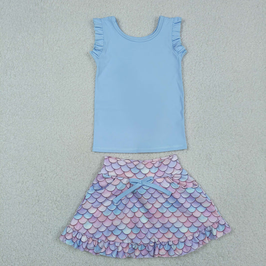 GSD3775 Solid Blue Wave Ruffle Sleeveless with Fish Scale Pattern Skirts for Girls Yoga Sets 202604 RTS