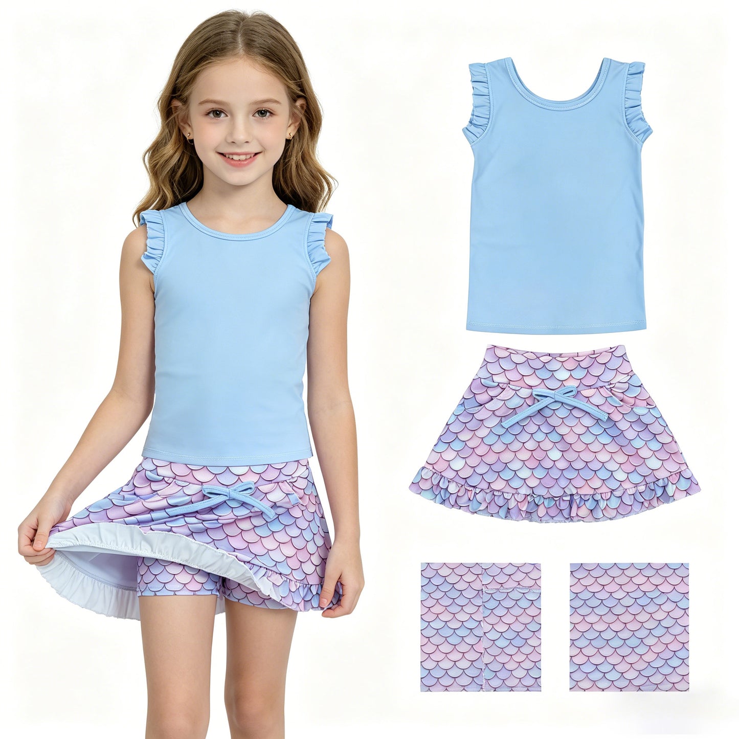GSD3775 Solid Blue Wave Ruffle Sleeveless with Fish Scale Pattern Skirts for Girls Yoga Sets 202604 RTS