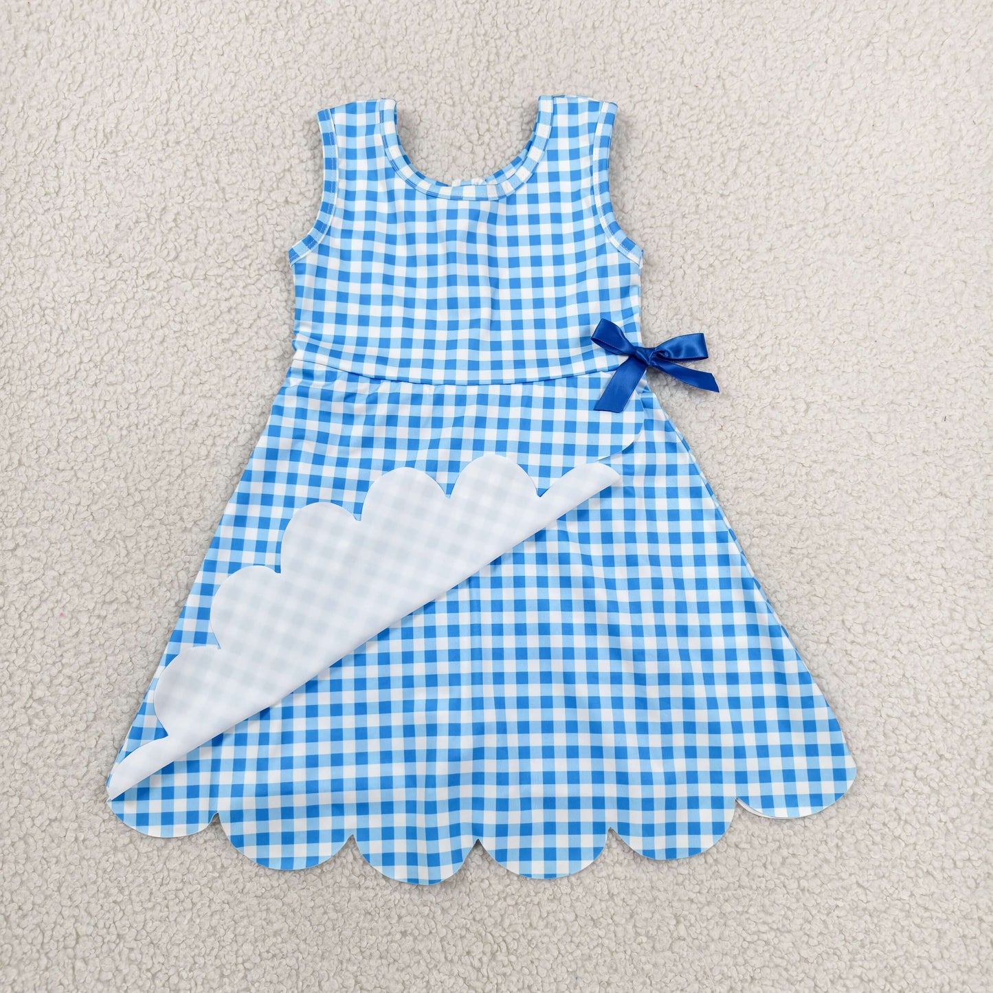 GSD3778 Solid Blue Plaid Bows Ruffle Sleeveless Yoga Dresses for Girls 202606 RTS