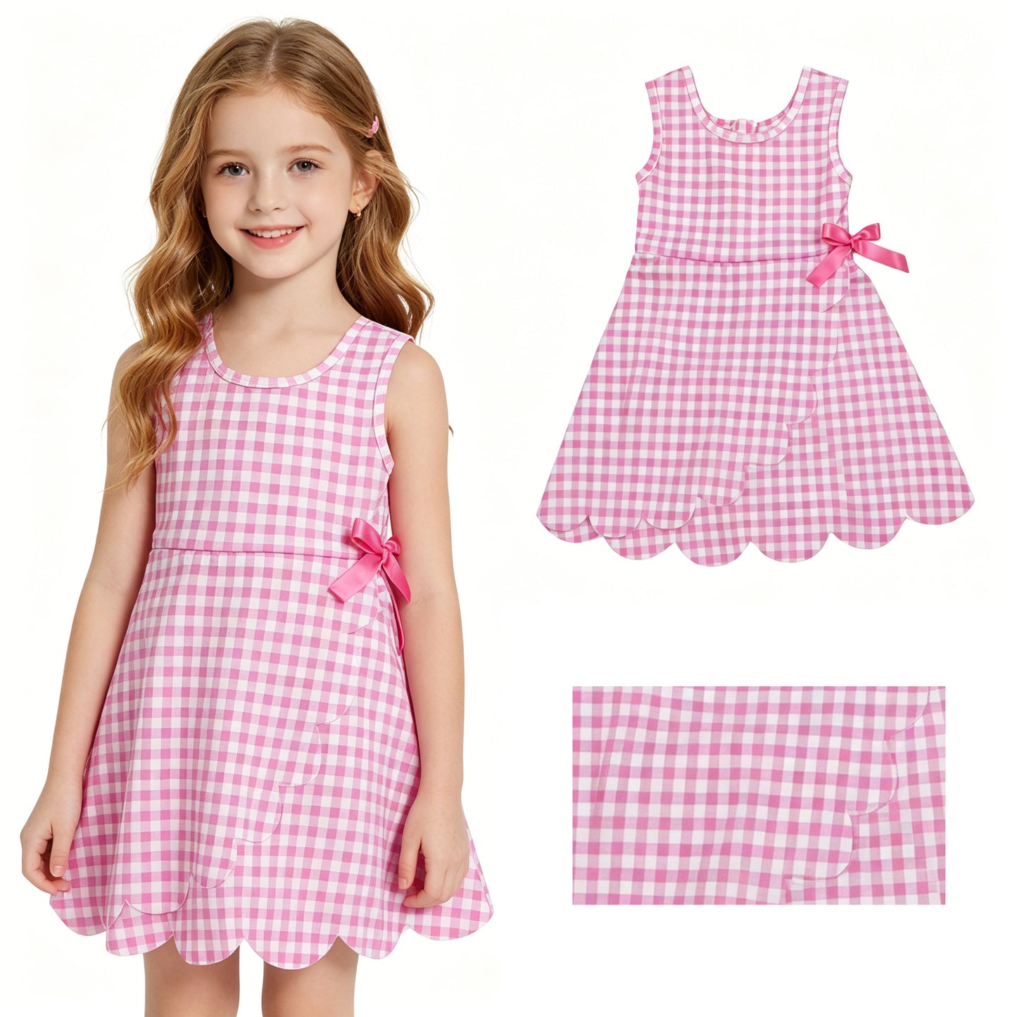 GSD3779 Solid Pink Plaid Bows Ruffle Sleeveless Yoga Dresses for Girls 202605 RTS