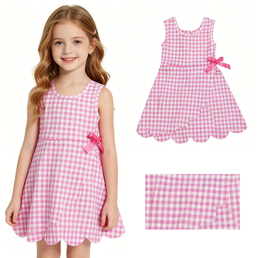 GSD3779 Solid Pink Plaid Bows Ruffle Sleeveless Yoga Dresses for Girls 202605 RTS