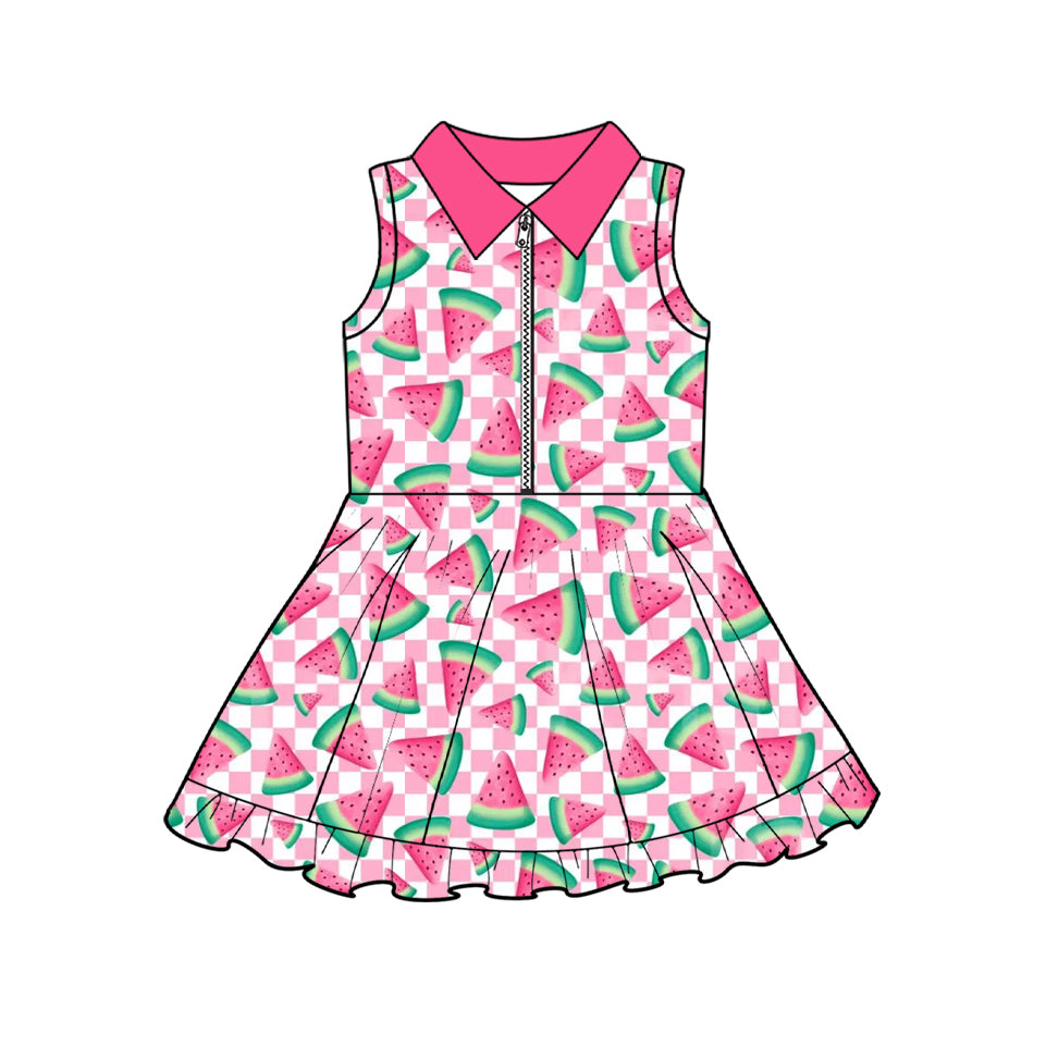 MOQ 5 PCS Preorder GSD3780 Watermelon Pink Plaid Zip Polo Ruffle Sleeveless Yoga Dresses for Girls 202601