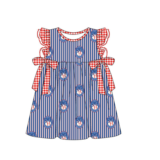 MOQ 5 PCS preorder GSD3782 Baseball Stripe Red Plaid Bows Ruffle Sleeveless Dresses for Girls 202601