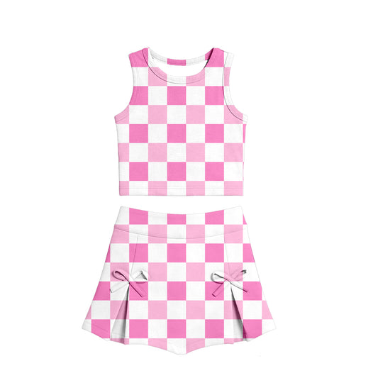 MOQ 5 preorder GSD3783 Pink Plaid Sleeveless Top with Skirts for Girls Yoga Sets 202602