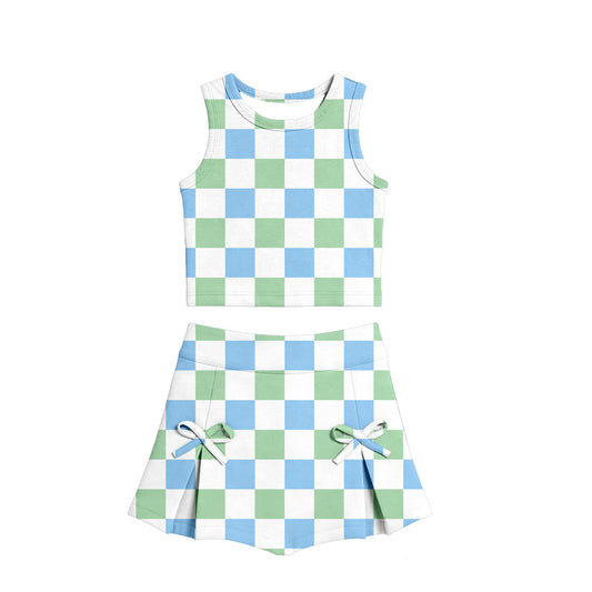 MOQ 5 preorder GSD3785 Blue Green Plaid Sleeveless Top with Skirts for Girls Yoga Sets 202602