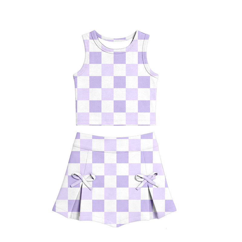 MOQ 5 preorder GSD3787 Light Purple Plaid Sleeveless Top with Skirts for Girls Yoga Sets 202602