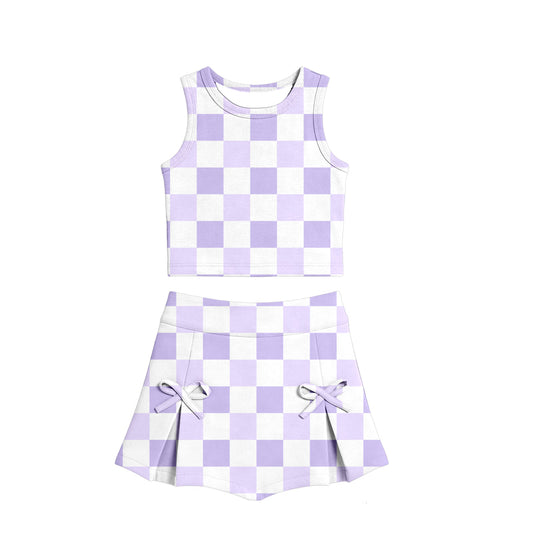 MOQ 5 preorder GSD3787 Light Purple Plaid Sleeveless Top with Skirts for Girls Yoga Sets 202602
