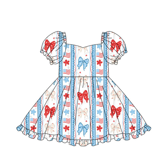 MOQ 5 PCS Preorder GSD3789 4th of July Flag Flower Red Blue Bows Star Love Short Sleeve Dresses for Girls 202602