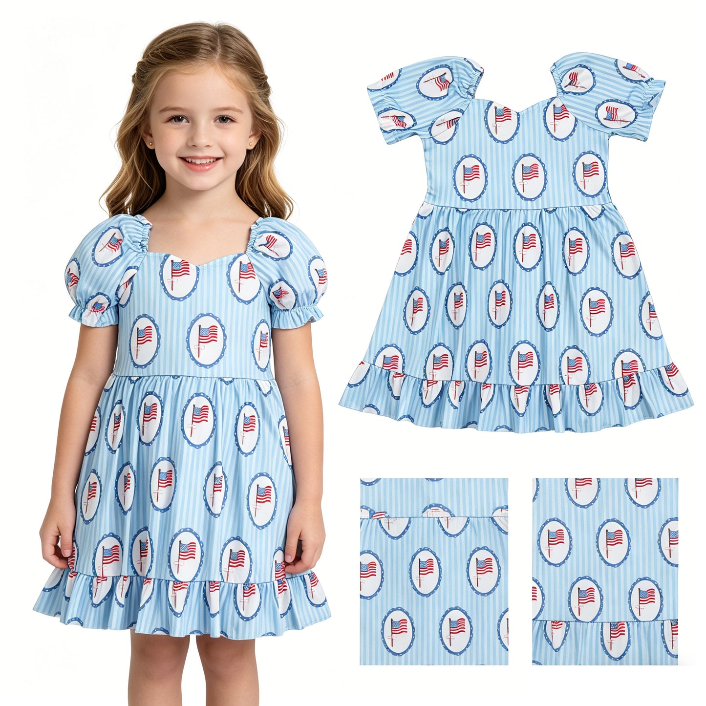 GSD3792 4th of July Flag Mirror Blue Stripe Short Sleeve Dresses for Girls 202605 RTS