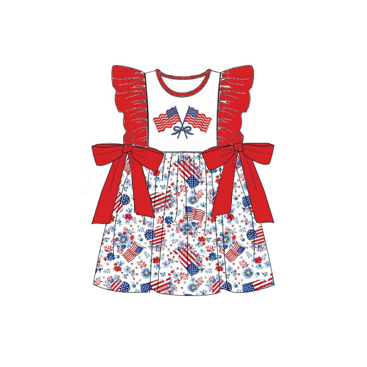 MOQ 5 PCS Preorder GSD3794 4th of July Flag Flower Red Bows Ruffle Flying Sleeve Dresses for Girls 202602