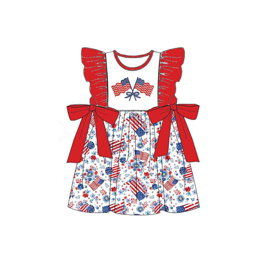 MOQ 5 PCS Preorder GSD3794 4th of July Flag Flower Red Bows Ruffle Flying Sleeve Dresses for Girls 202602