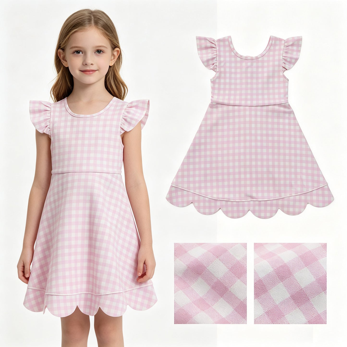 GSD3796 Pink Plaid Ruffle Flying Sleeve Yoga Dresses for Girls 202607 RTS