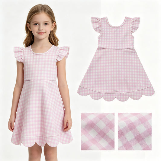 GSD3796 Pink Plaid Ruffle Flying Sleeve Yoga Dresses for Girls 202607 RTS
