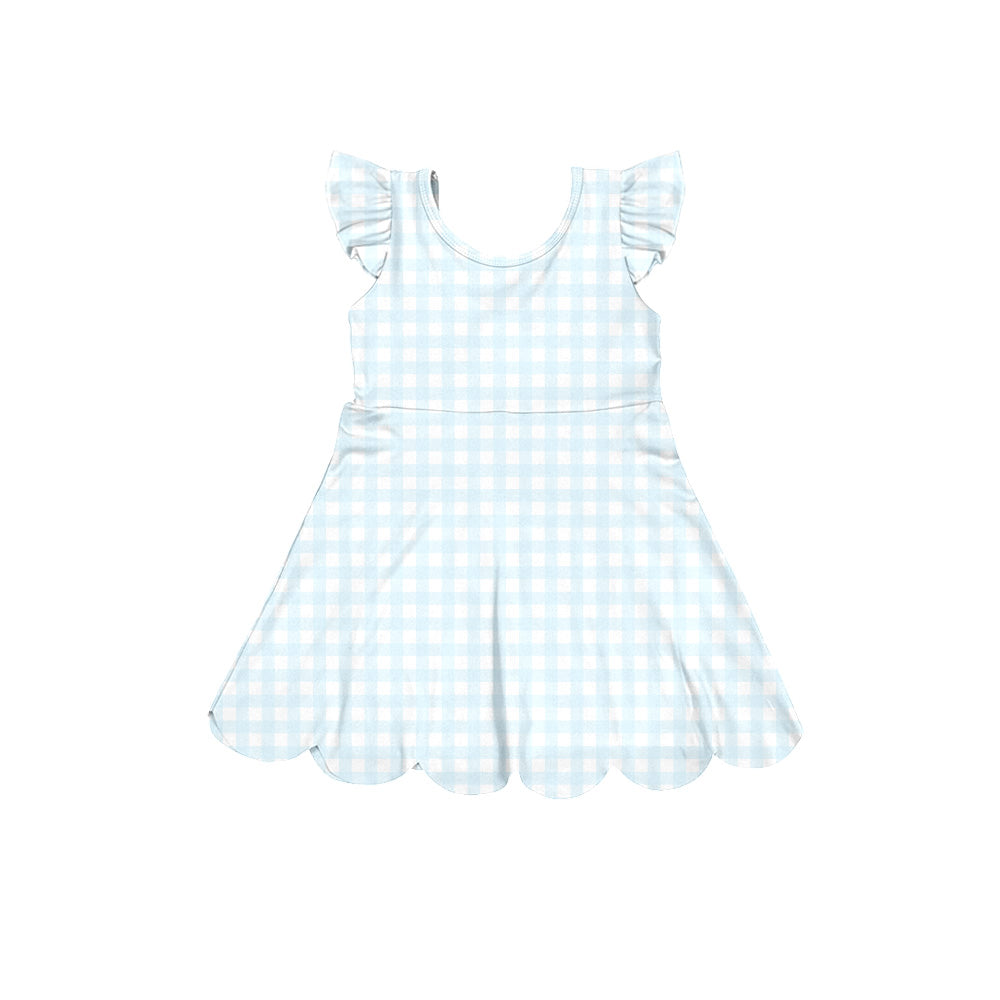 MOQ 5 PCS Preorder GSD3797 Light Blue Plaid Ruffle Flying Sleeve Yoga Dresses for Girls 202602
