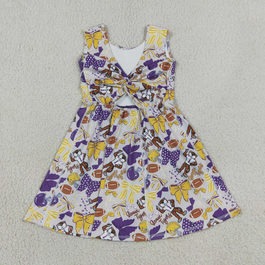 GSD3801 GO TEAM Tiger Purple Bows Gray Yoga Dresses for Girls 202607 RTS